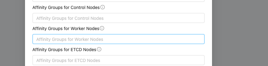 Affinity groups selection in Create Kubernetes Cluster Advanced Settings.